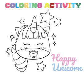 Coloring unicorn worksheet page. Let's colouring the happy smiling unicorn. Educational printable coloring worksheet. Coloring activity for kindergarten children. Vector illustration.