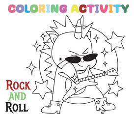 . Let's colouring the rock and roll unicorn playing guitar. Educational printable coloring worksheet. Coloring activity for kindergarten children. Vector illustration.