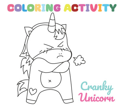 Coloring unicorn worksheet page. Let's colouring the grumpy unicorn. Educational printable coloring worksheet. Coloring activity for kindergarten children. Vector illustration.