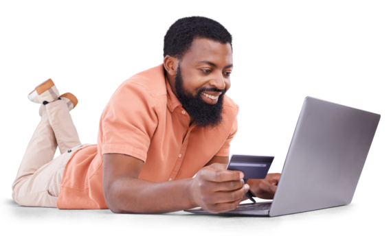 Black man, credit card and laptop, e commerce and payment with fintech isolated on png transparent background. Smile, online shopping and internet banking, male customer with finance and bills