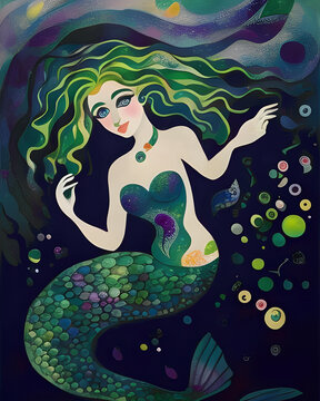 Cute Mermaid painting with flowing green hair in dark blue water with green bubbles.  Generative AI