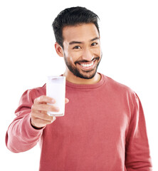 Portrait, happy or man with milk offer for calcium or weight loss isolated transparent png...