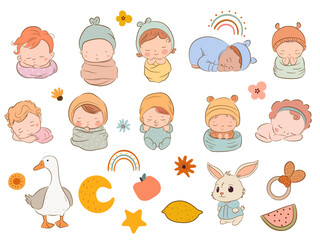 Cute sleeping newborn babies collection. Vector illustration.