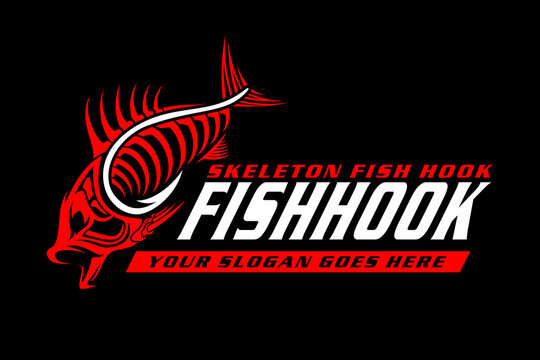Fishing Logo hook and fish skull skeleton design template illustration