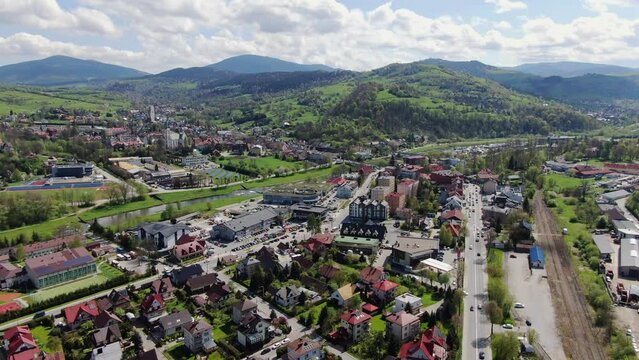 Scenic aerial view on Mszana Dolna village in southern Poland on summer day