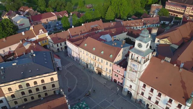 Historic city gate Market square. Great aerial top view flight. Brewery town Trebon Wittingau, South Bohemia czech republic Europe, summer 2023. drone top down Above view
4K uhd cinematic footage.