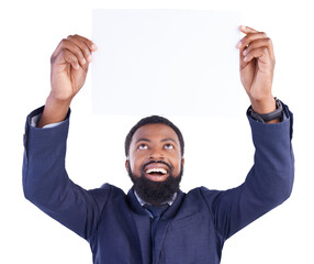 Poster, mockup and business man with timeline, news or promo on isolated, transparent or png background. Billboard, space and African male show menu, checklist or menu, announcement or coming soon