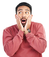 Wow, surprise and asian man with hands on face for gossip or news on isolated, transparent or png...