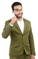 Portrait, business man and smile magnifying glass for investigation, search and isolated on transparent png background. Happy asian male employee with magnifier, inspection and quality control check - obrazy, fototapety, plakaty