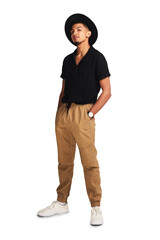 Isolated young man, fashion portrait and hat for confidence, aesthetic or style by transparent png...