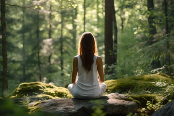 Young woman practicing mindfulness meditation in natural environment for self care and mental health. Concept of harmony and connection with nature.