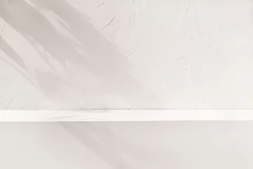 Crédence de cuisine en verre imprimé Papier peint en béton Brand product showcase template, blank neutral light beige podium stage with aesthetic lifestyle floral sun light shadows, white textured concrete wall and shelf background.