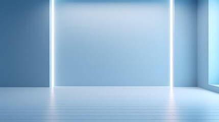 Universal minimalistic blue background for presentation. A light blue wall in the interior with beautiful built-in lighting and a smooth floor. - obrazy, fototapety, plakaty