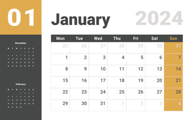 Monthly Calendar Template of january 2024 Vector layout simple calendar with week start Monday.