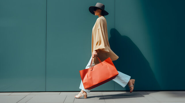 Unrecognisable stylish woman walking with shopping bags.