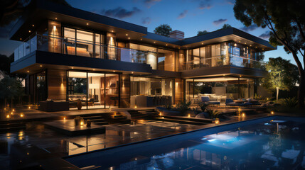 Fototapeta premium Resident concept, The Perfect Blend of Modern Home Design, Minimalist Architecture, and Relaxation in the Swimming Pool Area