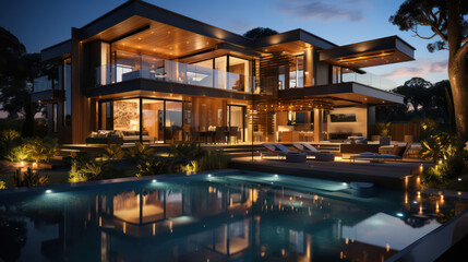 Fototapeta premium Resident concept, The Perfect Blend of Modern Home Design, Minimalist Architecture, and Relaxation in the Swimming Pool Area