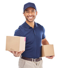 Delivery man, shipping box and smile in portrait, courier service and e commerce isolated on png...