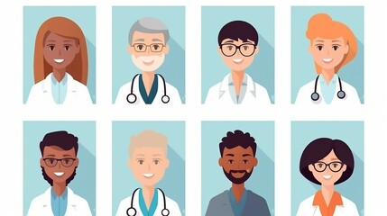Set of flat illustration avatars of male and female doctors and medical workers, ai generated