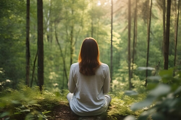 Young woman practicing mindfulness meditation in forest for self care and mental health. Concept of harmony and connection with nature.