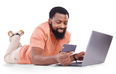 Black man, credit card and laptop, online shopping and fintech with payment isolated on png transparent background. Smile, e commerce and internet banking, male customer with finance and bills