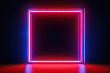 A blank blue red neon frame against a black background with negative space as copy space advertising products or advertising prizes.