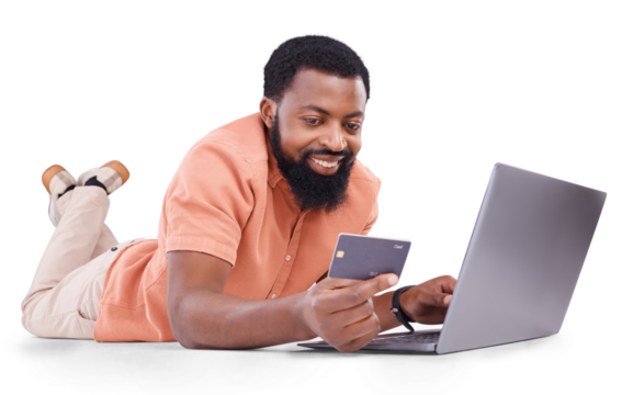 Black man, credit card and laptop, online shopping and fintech with payment isolated on png transparent background. Smile, e commerce and internet banking, male customer with finance and bills