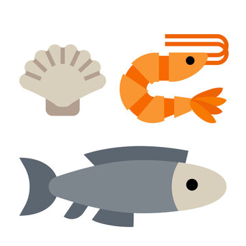 Seafood flat icon. Shrimp, fish and shell vector image.