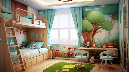 Children's room with bed. The wall is painted with a beautiful fairy tale world drawn on it. Generative AI