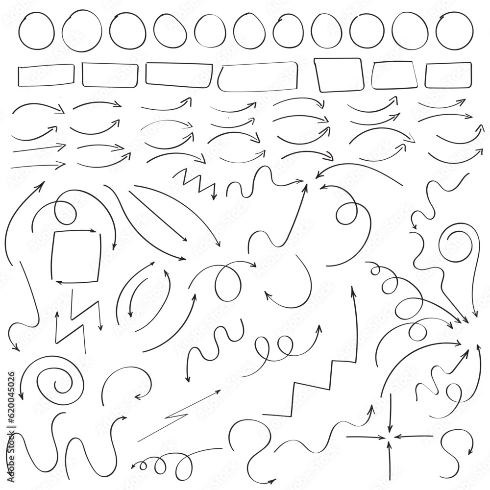 Poster hand drawn curved arrows, rectangle frame, circle frame. sketch doodle style. collection of pointers