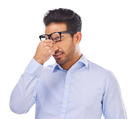 Stress, tired and man with glasses and headache on isolated, PNG and transparent background. Vision, prescription frame and male person rub eyes with hands for migraine, eyesight fatigue or anxiety