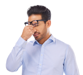Stress, tired and man with glasses and headache on isolated, PNG and transparent background. Vision, prescription frame and male person rub eyes with hands for migraine, eyesight fatigue or anxiety