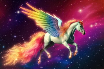 Obraz na płótnie Canvas Rainbow background with winged cute unicorn with stars. Generative Ai