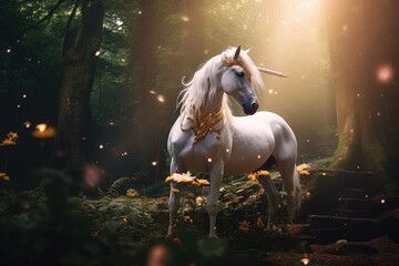 Obraz na płótnie Canvas A unicorn, Beautiful unicorn in a magical forest magic. Generative Ai