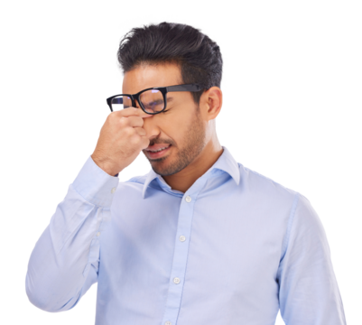 Stress, tired and man with glasses and headache on isolated, PNG and transparent background. Vision, prescription frame and male person rub eyes with hands for migraine, eyesight fatigue or anxiety