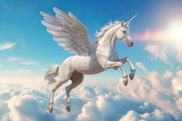 Naklejka na ściany i meble A unicorn, Majestic Pegasus horse flying high above the clouds. Flight of the Pegasus. Generative Ai
