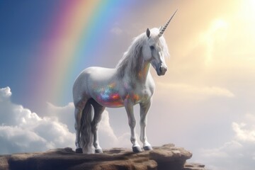 Naklejka na ściany i meble A unicorn, White pegasus unicorn in a cliff high above the clouds. Generative Ai