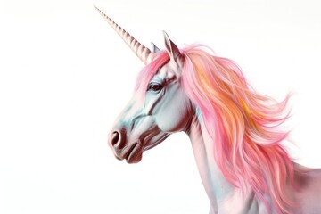 Obraz na płótnie Canvas Pink unicorn head with rainbow mane and horn isolated on white background. Generative Ai