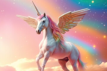 Obraz na płótnie Canvas Rainbow background with winged cute unicorn with stars. Generative Ai