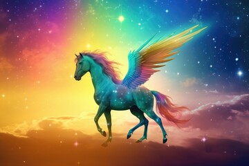 Rainbow background with winged cute unicorn with stars. Generative Ai