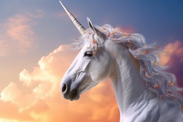 Obraz na płótnie Canvas A unicorn head and horn isolated on white background. Unicorn in the skies fantasy. Generative Ai