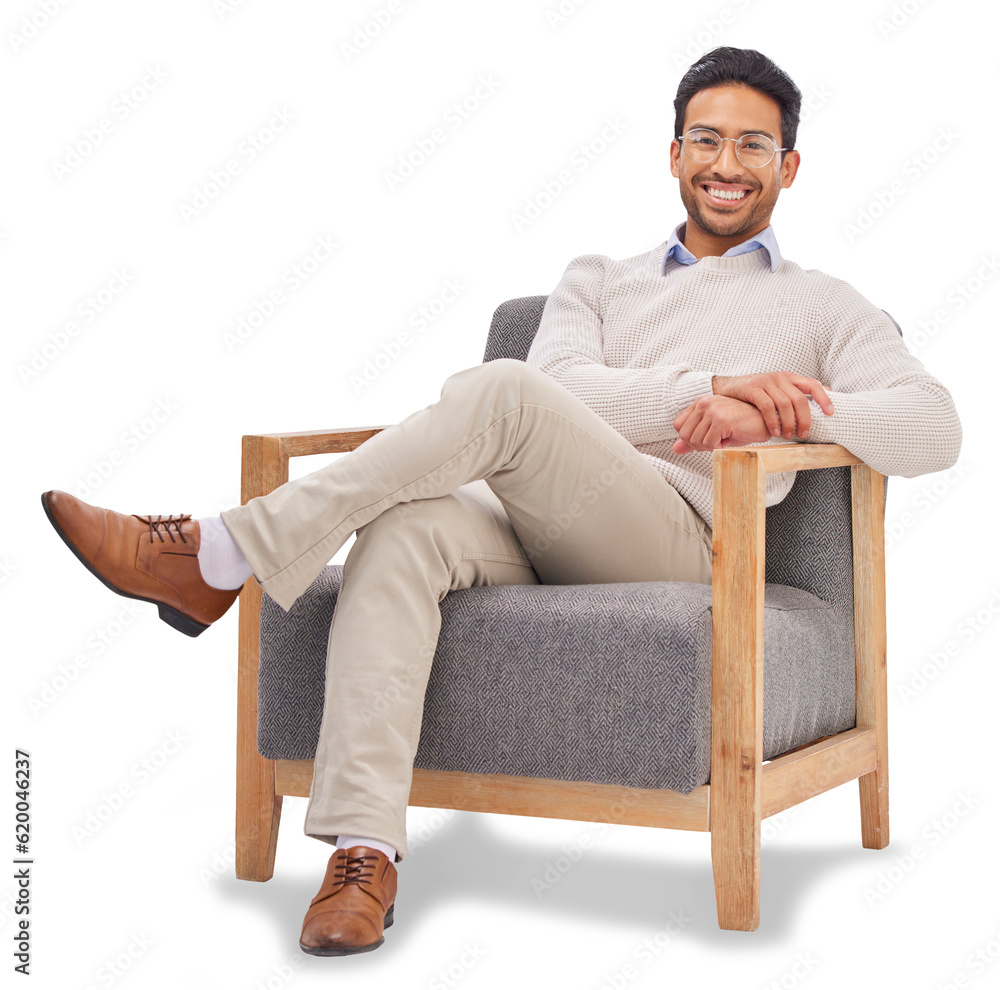 Poster Relax, portrait or man with a smile, entrepreneur or happy guy isolated on a transparent background. Gentleman, interview or professional or proud male employee or business owner with a career or png