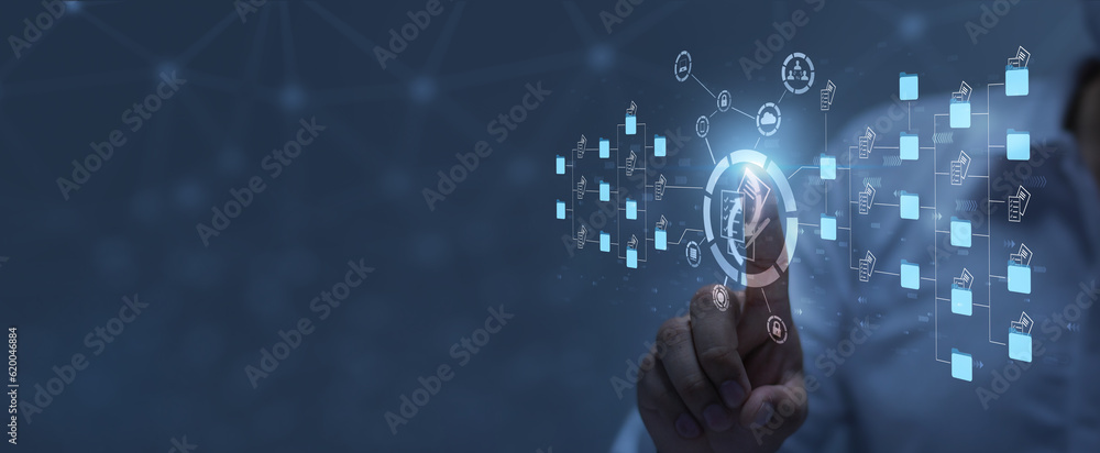 Aufkleber businessman to document management concept, online documentation database and digital file storage s