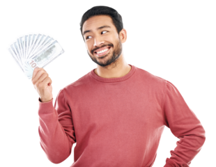 Cash fan, dollars with man and salary with finance, success with investment or reward isolated on transparent png background. Financial freedom, money and male person with prize, wealth and cashback