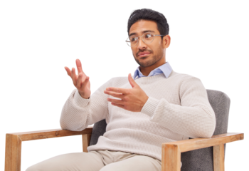 Psychologist, chair and mental health, man in counselling and listen, isolated on transparent png background. Therapist, therapy and doctor, help from medical consultant and psychology in healthcare.