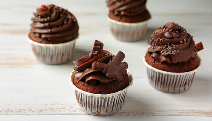 Tasty chocolate cupcakes on white wooden table