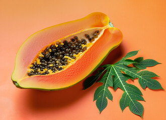 Ripe papaya with leaves on orange background