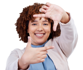 Frame hands, smile and portrait of a woman with a selfie, memory or photo. Happy, corporate and a female employee framing for a picture or photography isolated on a transparent png background