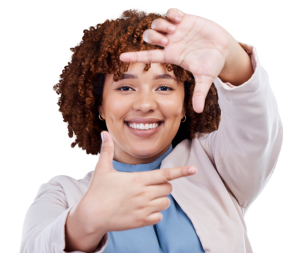 Frame hands, smile and portrait of a woman with a selfie, memory or photo. Happy, corporate and a female employee framing for a picture or photography isolated on a transparent png background