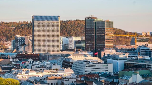 Sunlit Facade Of Radisson Blu Plaza Hotel And Postgirobygget Building In Oslo, Norway. - timelapse